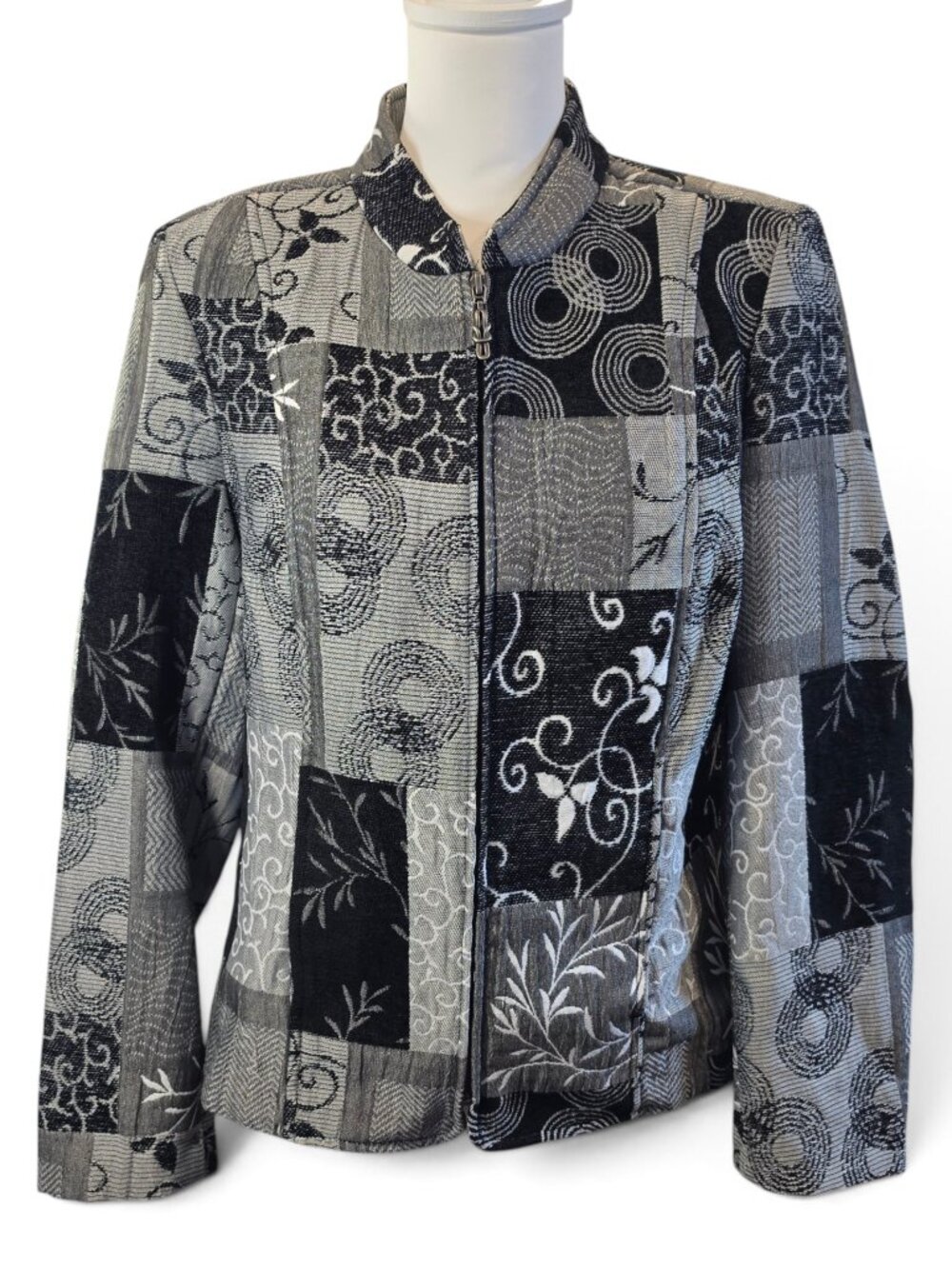 Dressbarn Tapestry Jacket L Black Silver Jacquard Patchwork Full Zip Boho Flaw